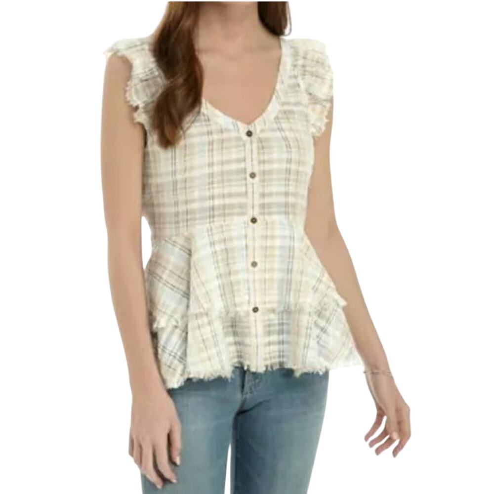 True Craft Striped Cotton Baby Doll Boho Top High Low Ruffle Shoulder Sz L